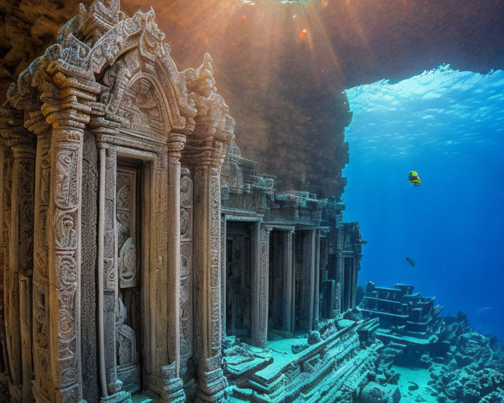 Underwater Scene: Sunrays on Ancient Temple with Marine Life