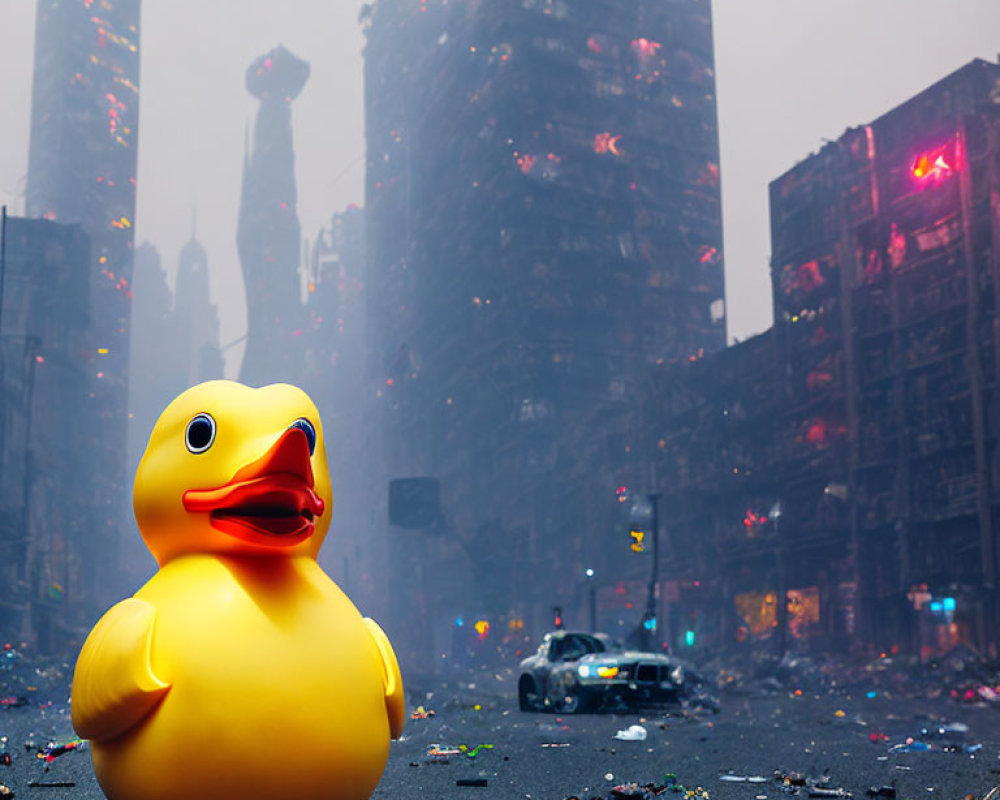 Giant rubber duck in deserted urban landscape with dilapidated buildings and debris.