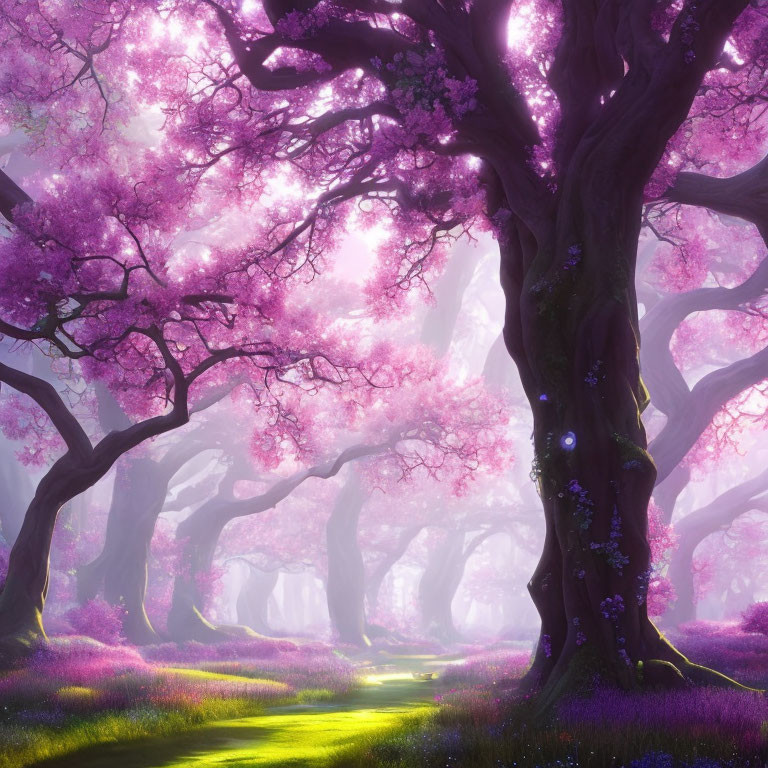 Mystical forest path with pink cherry blossoms and purple flowers