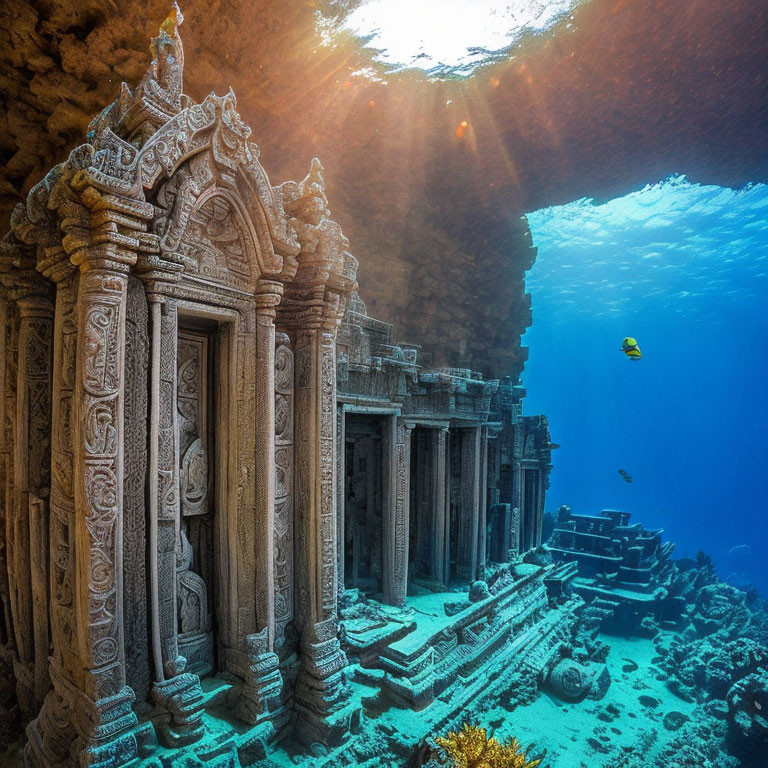 Underwater Scene: Sunrays on Ancient Temple with Marine Life