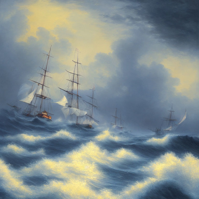 Sailing ships battling turbulent seas under a moody sky