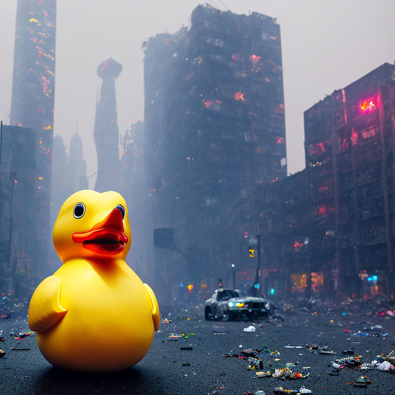 Giant rubber duck in deserted urban landscape with dilapidated buildings and debris.