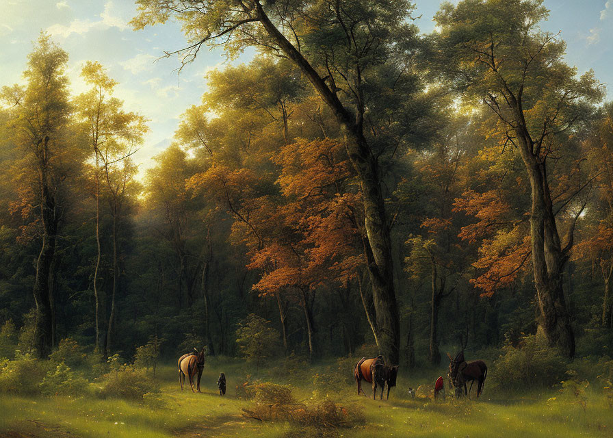 Tranquil Forest Scene with Grazing Horses and Autumn Leaves