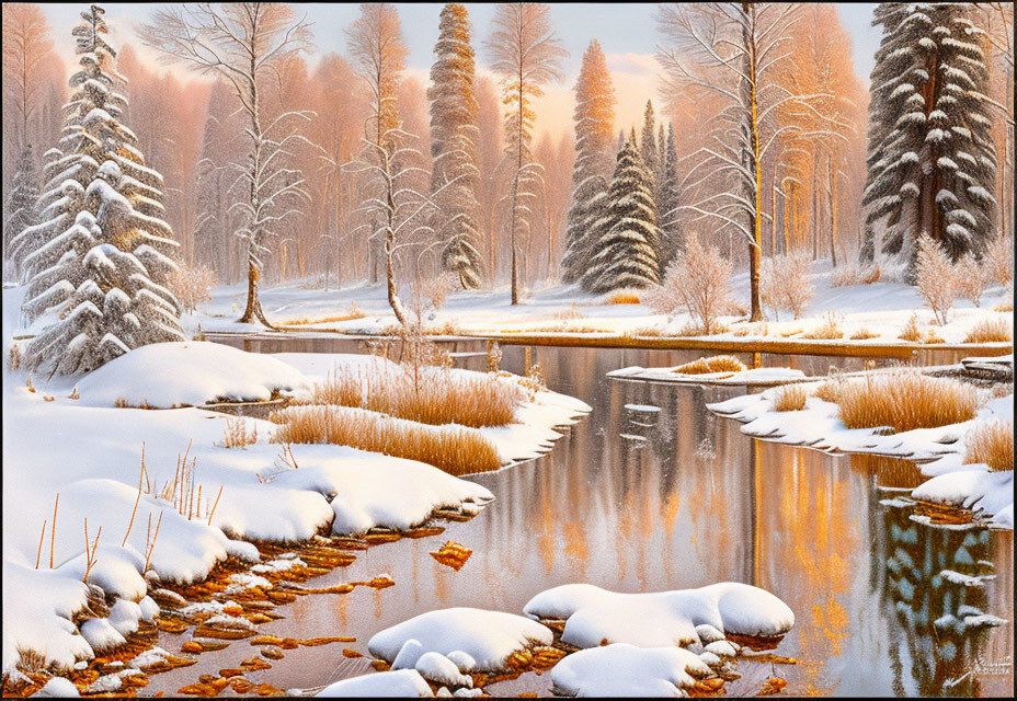 Snow-covered trees reflected in calm river with golden light and leaves.