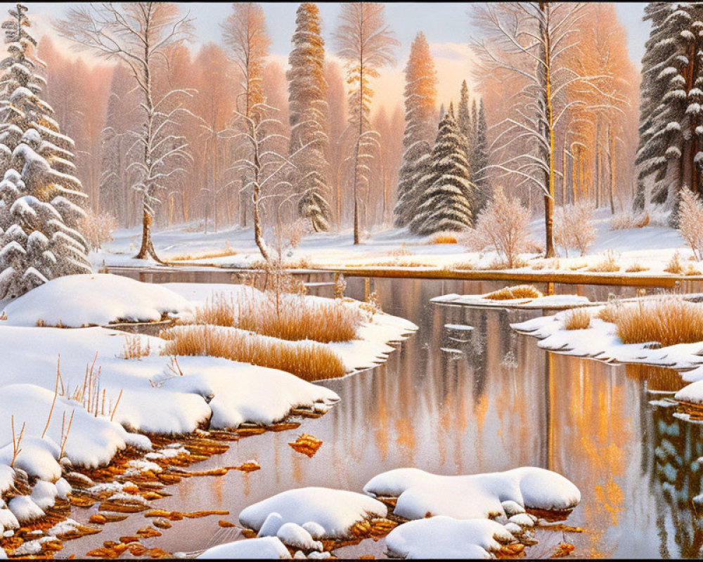 Snow-covered trees reflected in calm river with golden light and leaves.