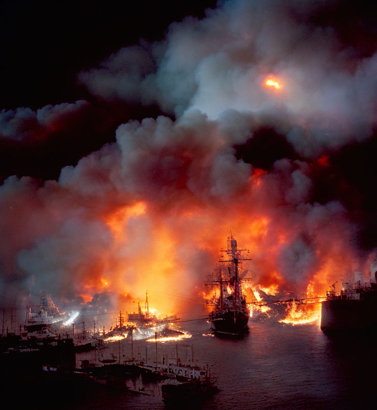 Multiple ships ablaze in nighttime maritime disaster