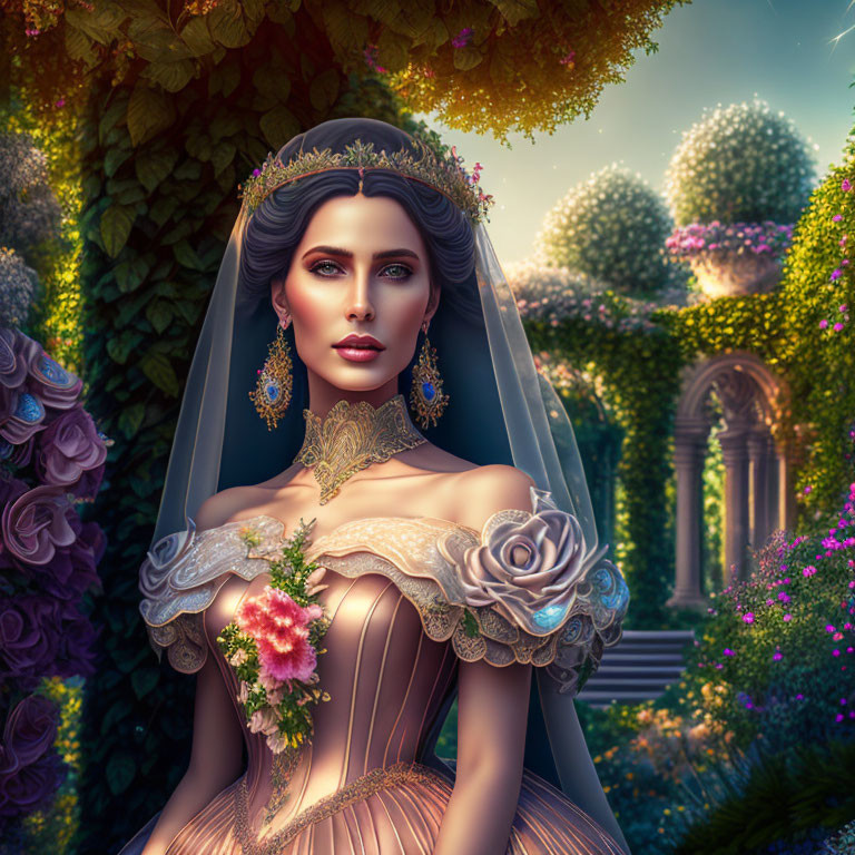 Illustrated Woman in Vintage Gown Surrounded by Roses in Lush Garden