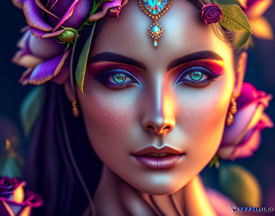 Colorful digital artwork: Woman with blue eyes, floral motifs, jewelry on dark background