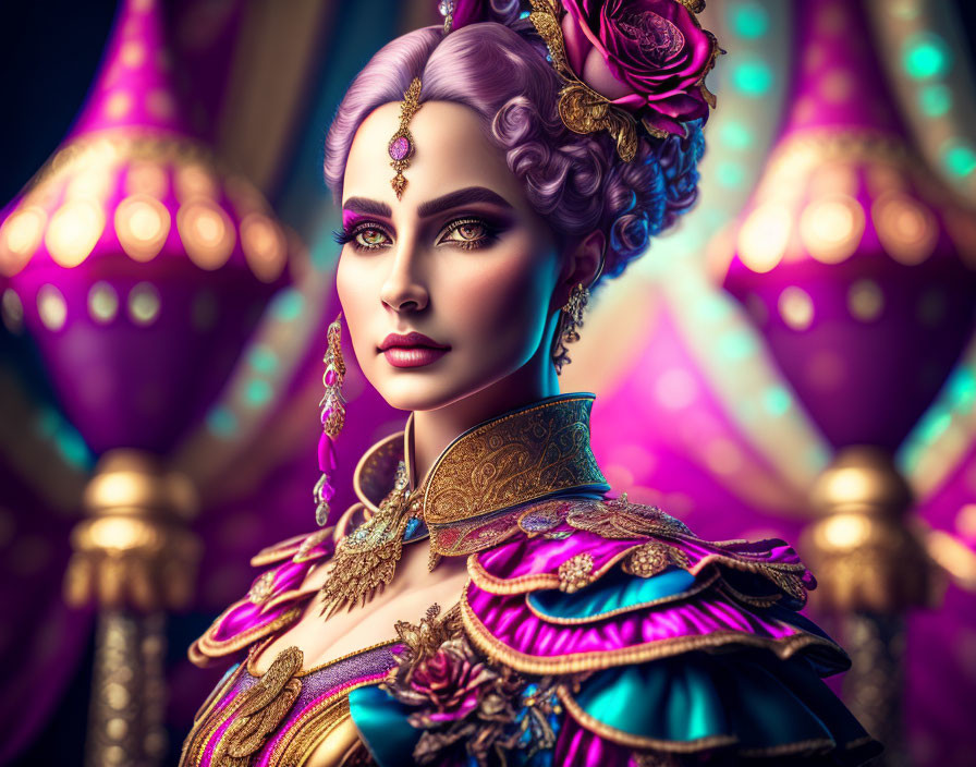 Stylized portrait of woman with purple hair and gold jewelry in lavish costume