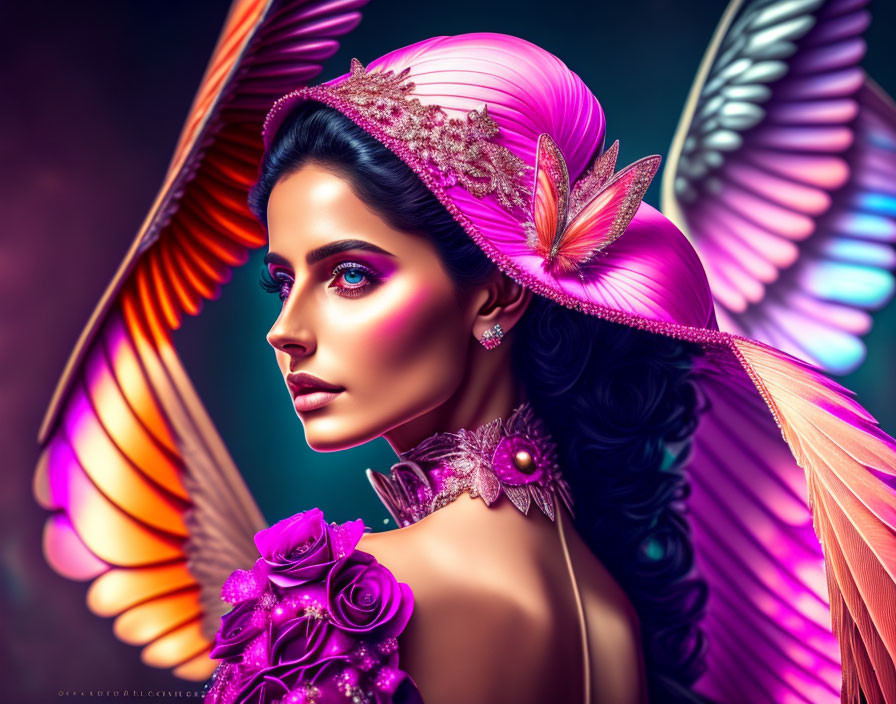 Colorful Artistic Image of Woman with Butterfly Wings and Floral Hat
