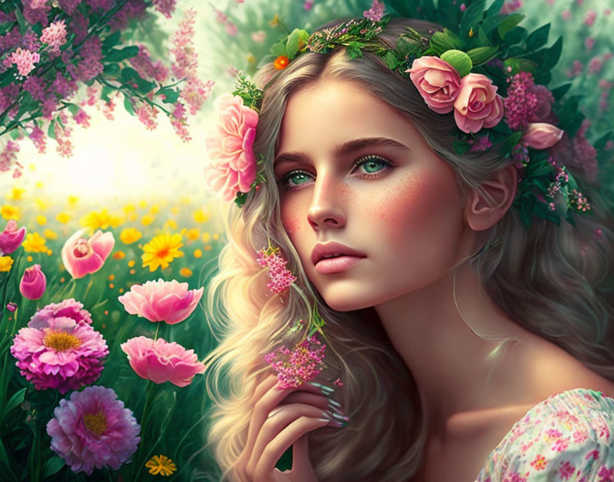 Woman with Flower Crown Surrounded by Colorful Flowers