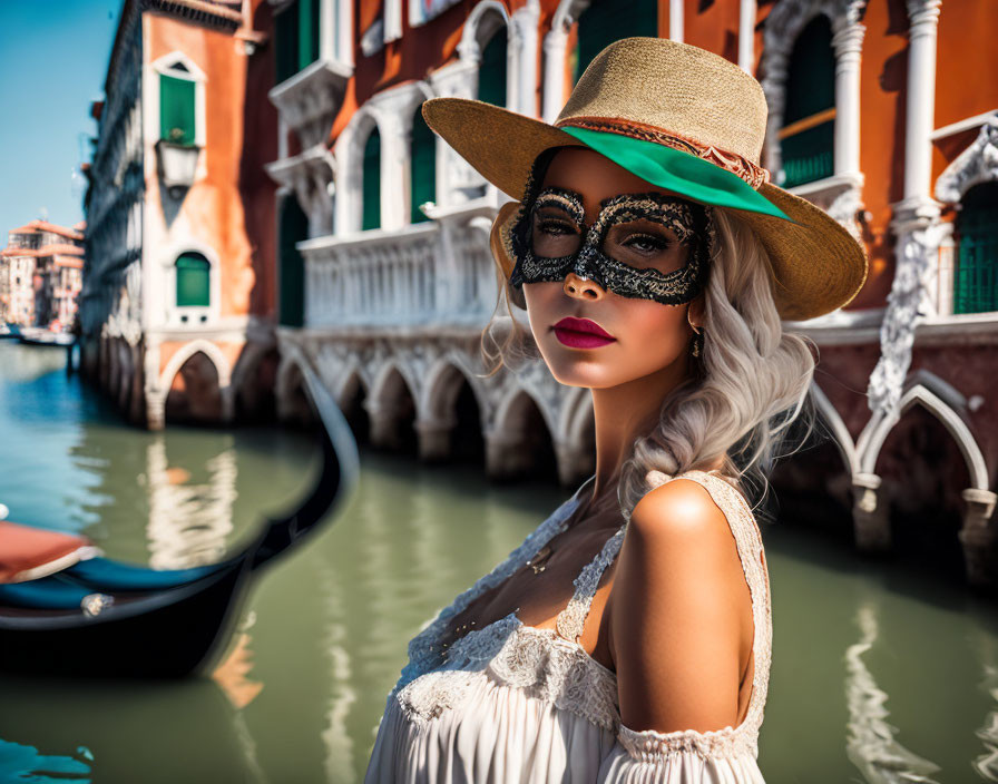 Woman in Straw Hat and Ornate Mask by Venice Canal with Gondolas