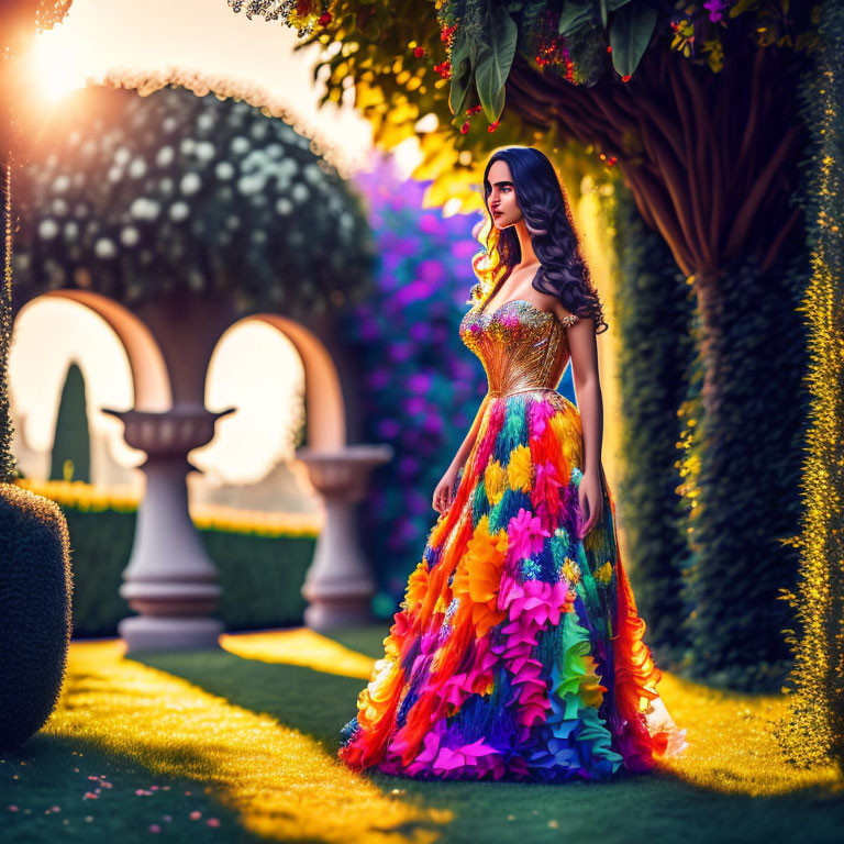 Colorful Woman in Vibrant Gown in Lush Garden Setting