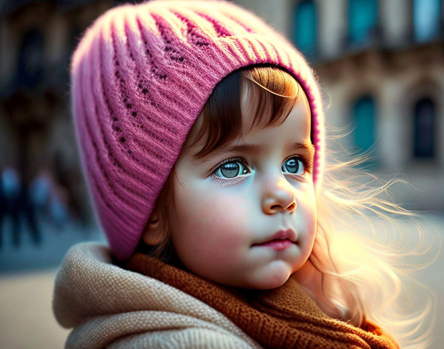 Child in Pink Knit Hat and Tan Scarf with Big Blue Eyes