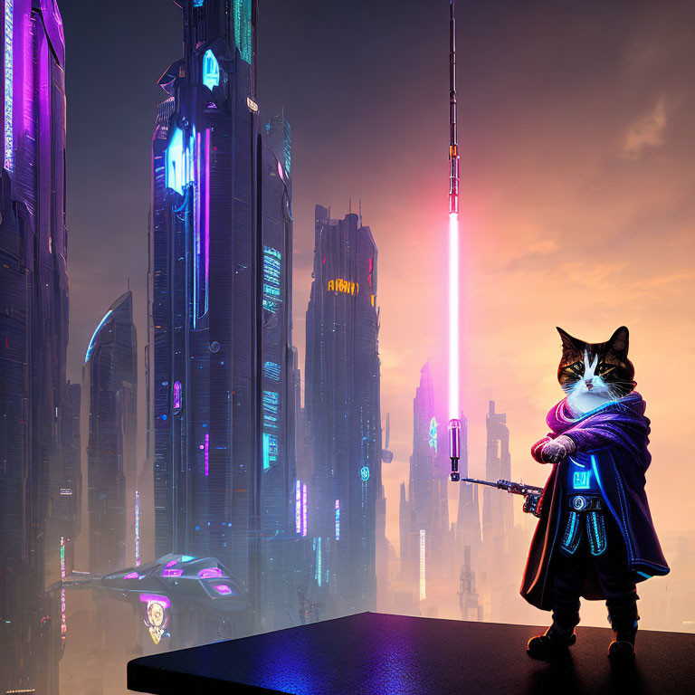 Futuristic warrior cat with pink sword in neon cityscape