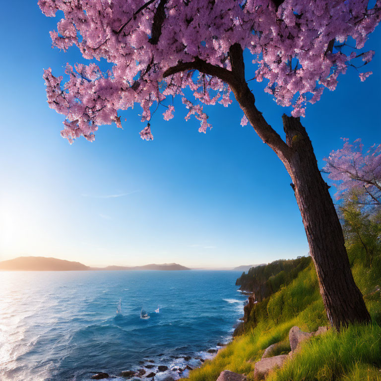 Scenic cherry blossom tree by tranquil sea at sunset