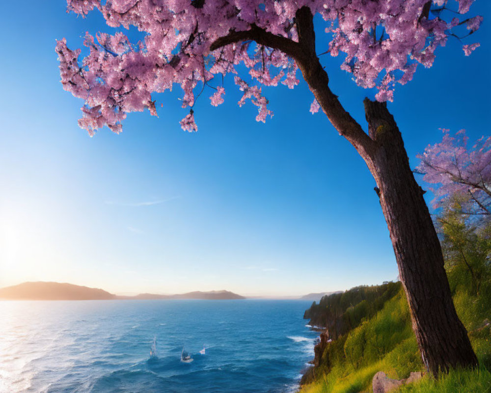 Scenic cherry blossom tree by tranquil sea at sunset