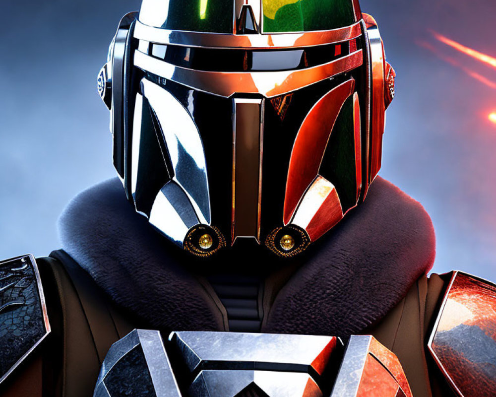 Detailed Mandalorian helmet with reflective visor and green and red armor on fiery backdrop