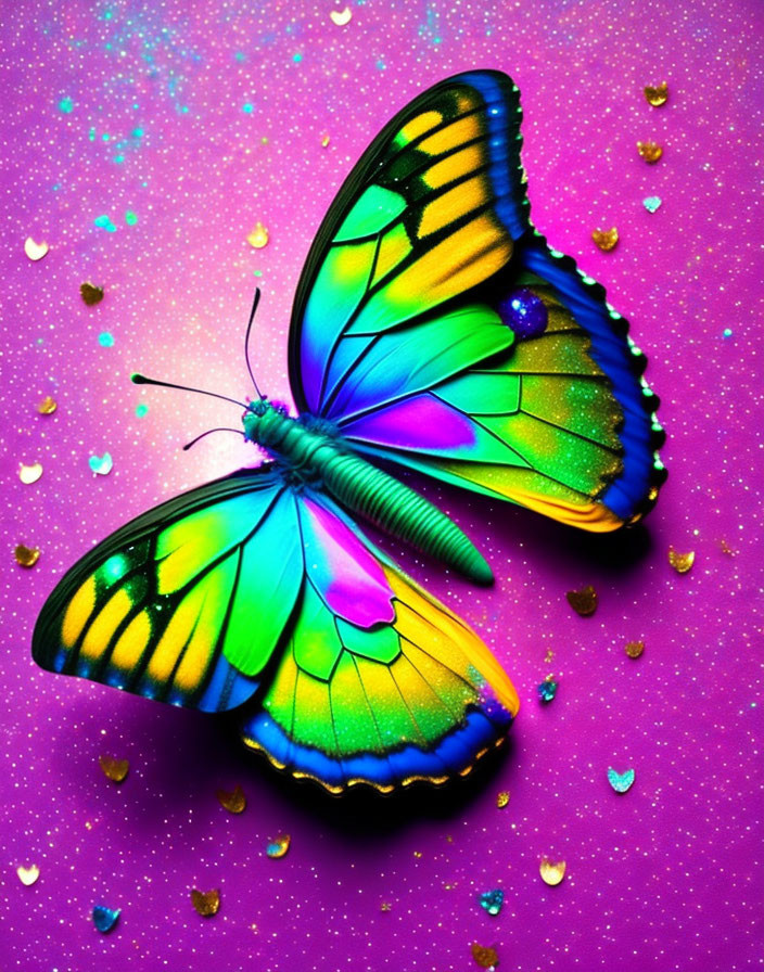 Colorful Butterfly with Blue, Green, and Yellow Wings on Glittery Purple Background