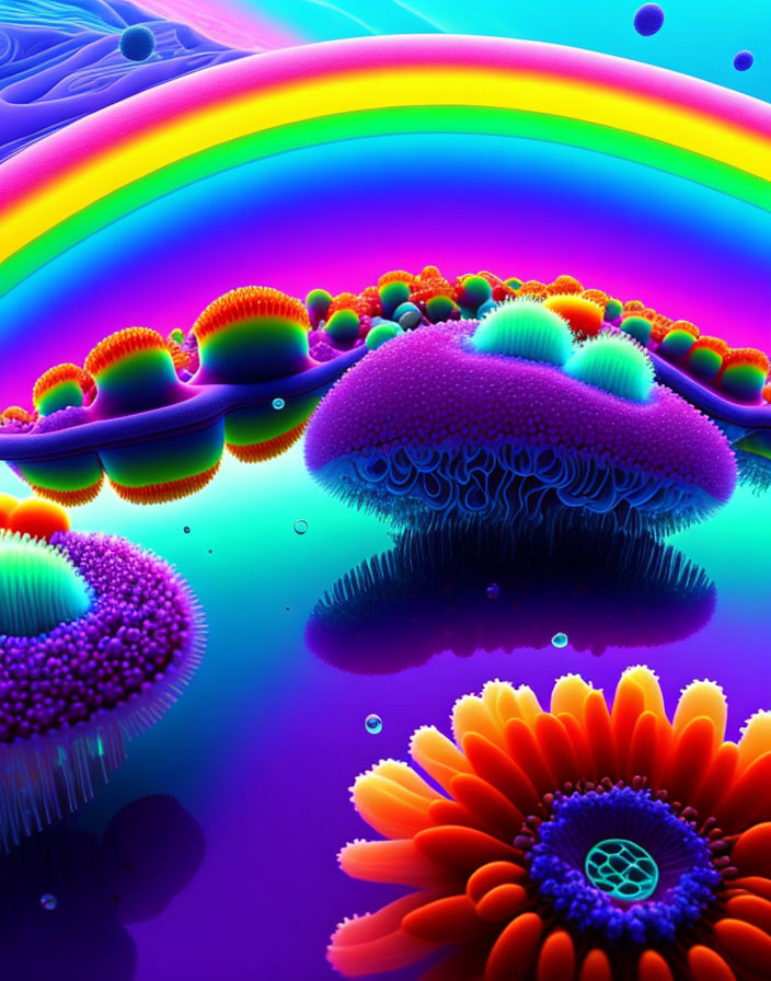 Colorful digital artwork of mushrooms, flowers, and rainbow in underwater scene