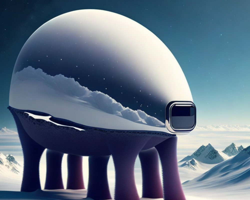 Surreal illustration of domed structure on snowy terrain