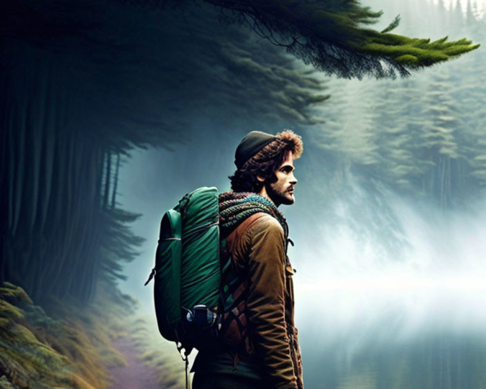 Hiker with backpack admiring misty forest lake under overhanging branch