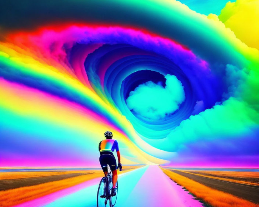 Cyclist on vibrant road near swirling rainbow vortex