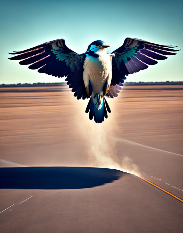Blue and white bird flying over deserted road with shadow