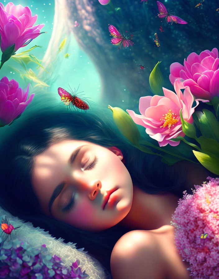Young woman resting among vibrant flowers and butterflies in serene illustration.