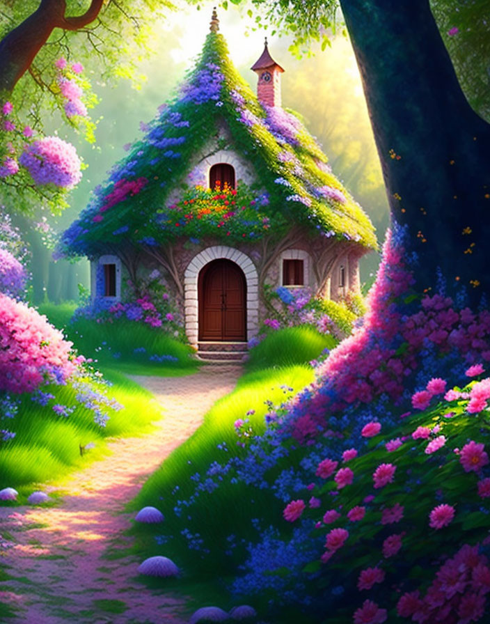 Thatched Roof Cottage in Forest with Pink and Purple Flowers