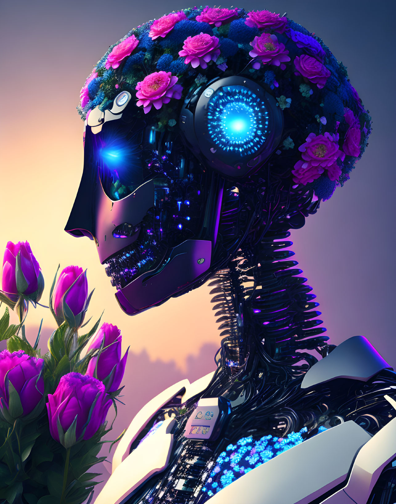 Skull-faced robotic figure with floral headpiece and glowing blue eyes on purple background