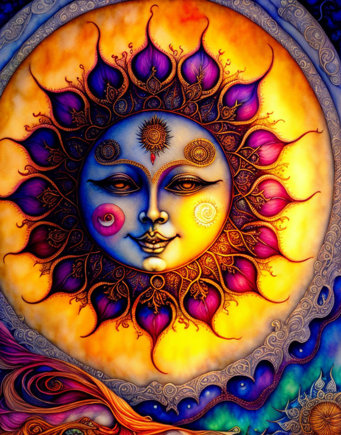 Colorful Psychedelic Sun Illustration with Serene Human Face and Flames