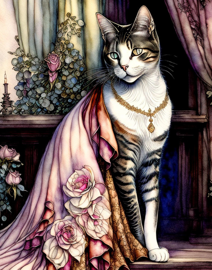 Regal cat illustration with pink roses and stained glass ambiance