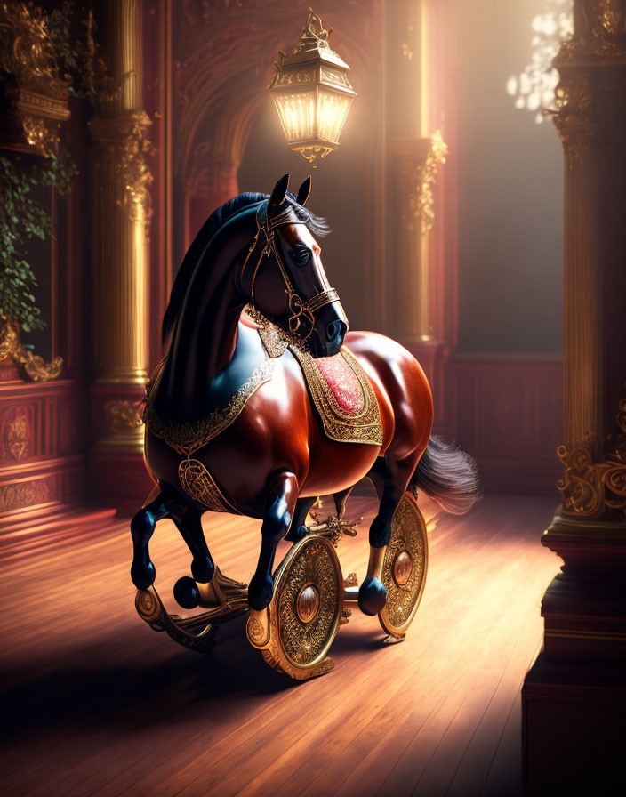 Majestic black-maned horse in golden tack walks through opulent hallway