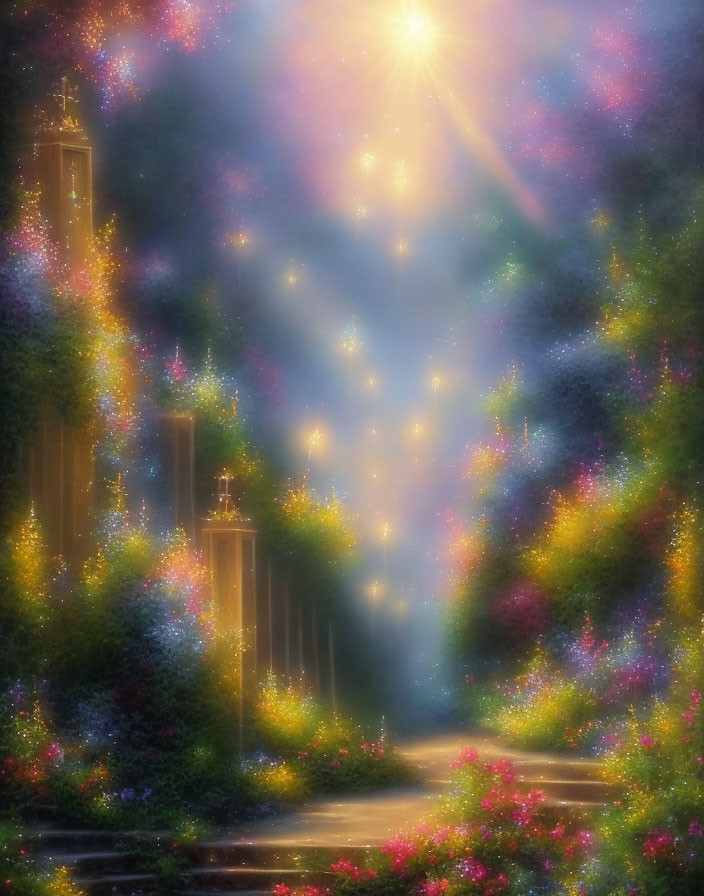 Mystical garden path with twinkling lights and vibrant flowers
