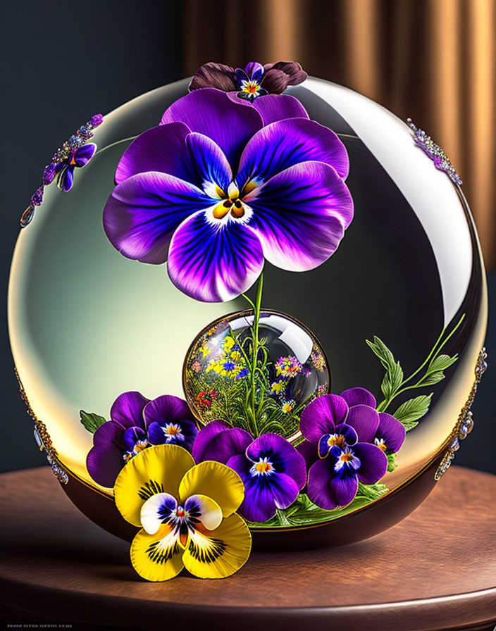 Vibrant 3D Purple and Yellow Pansies on Crystal Orb Display