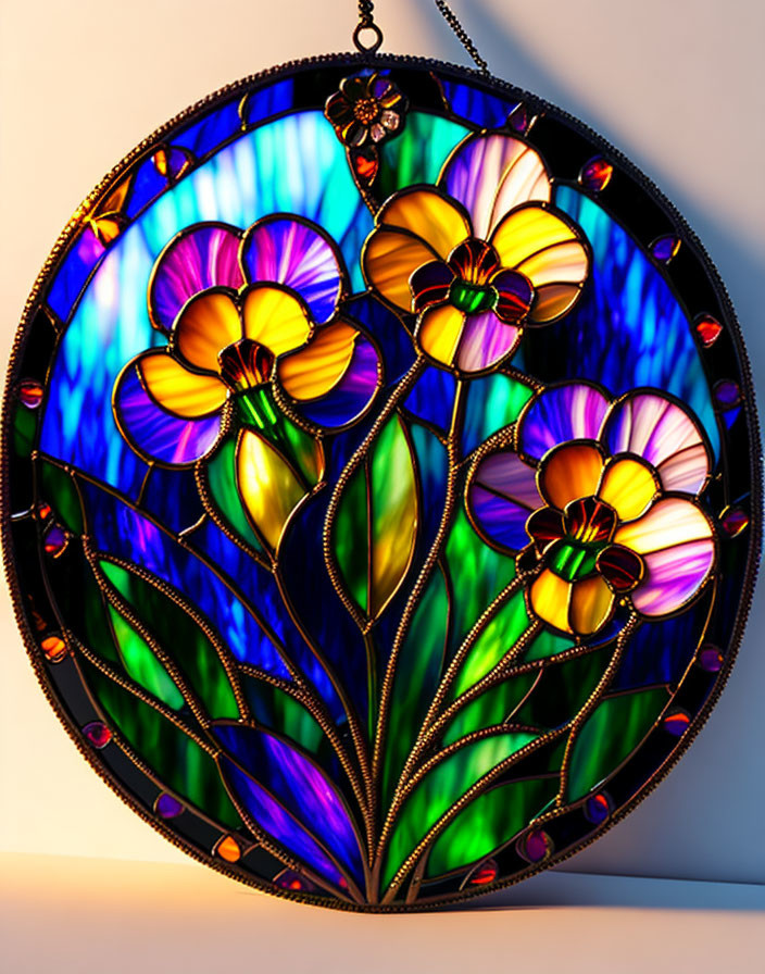 Colorful Floral Stained Glass Panel with Purple and Yellow Flowers