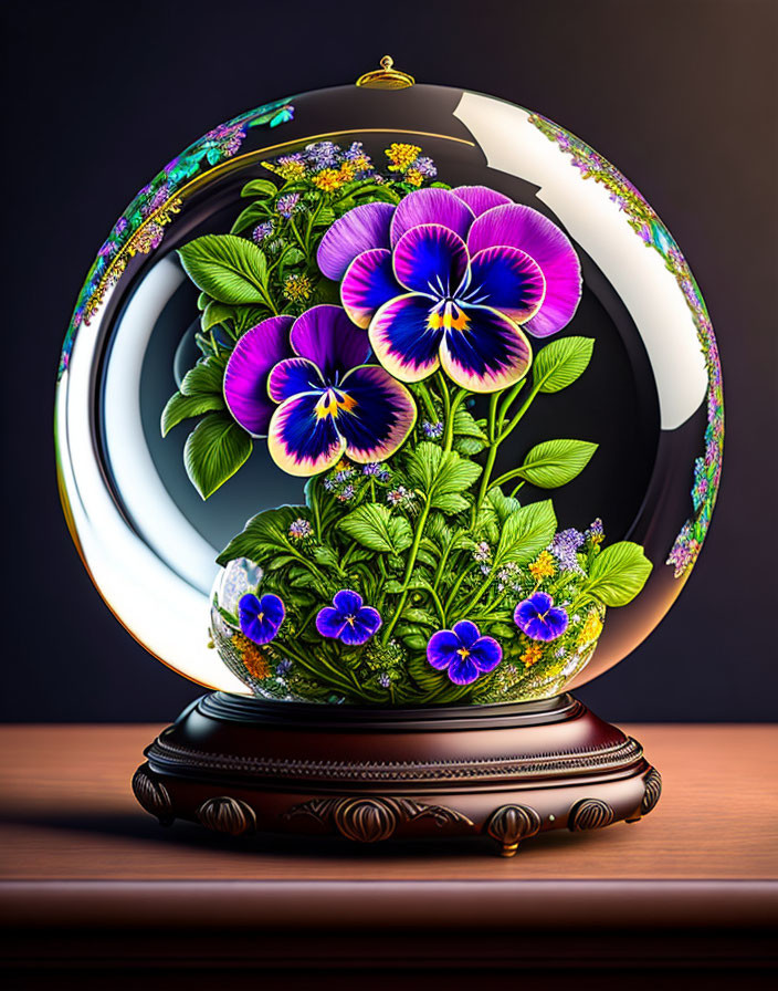 Vibrant spherical terrarium with purple pansies and green foliage on wooden base