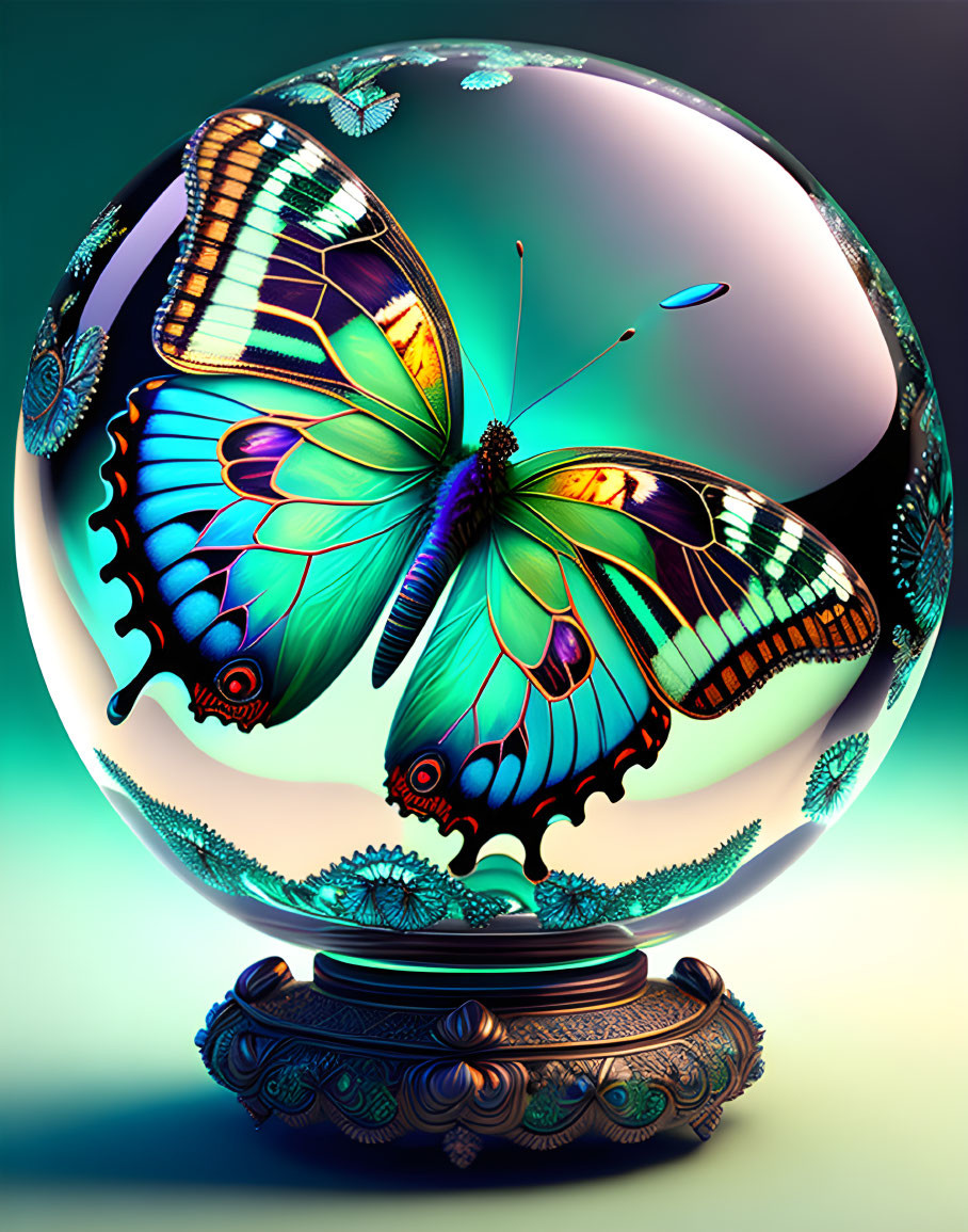 Colorful Butterfly Artwork in Transparent Orb on Ornate Stand