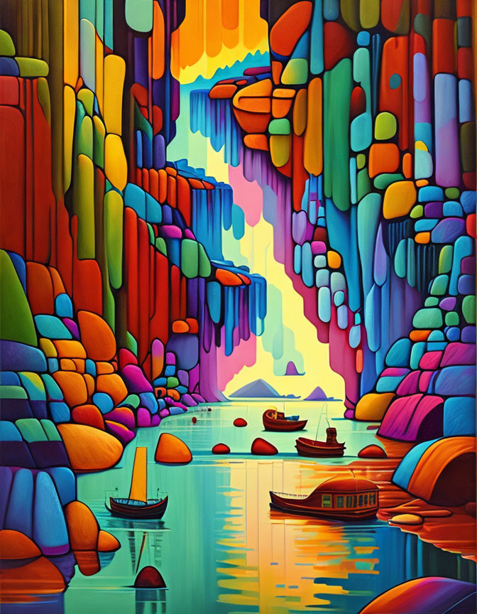 Colorful painting of boats in vibrant rock canyon landscape