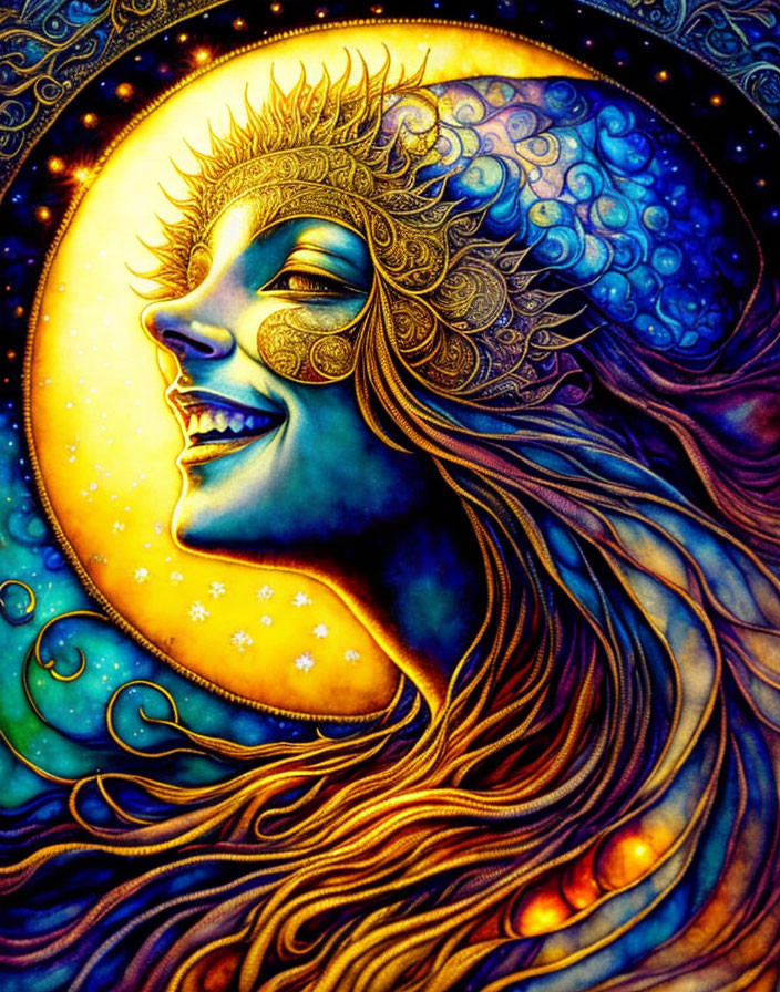 Colorful feminine entity with sun-like aura and intricate headpiece in starry setting