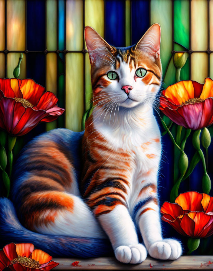 Vibrant Tabby Cat with Red Poppies and Stained Glass Background