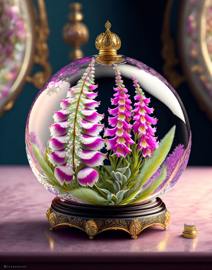 Glass terrarium with pink and white foxglove flowers on teal backdrop