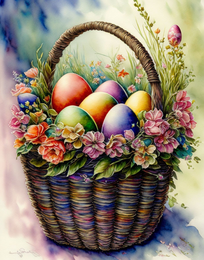 Colorful Easter eggs in wicker basket with spring flowers and greenery