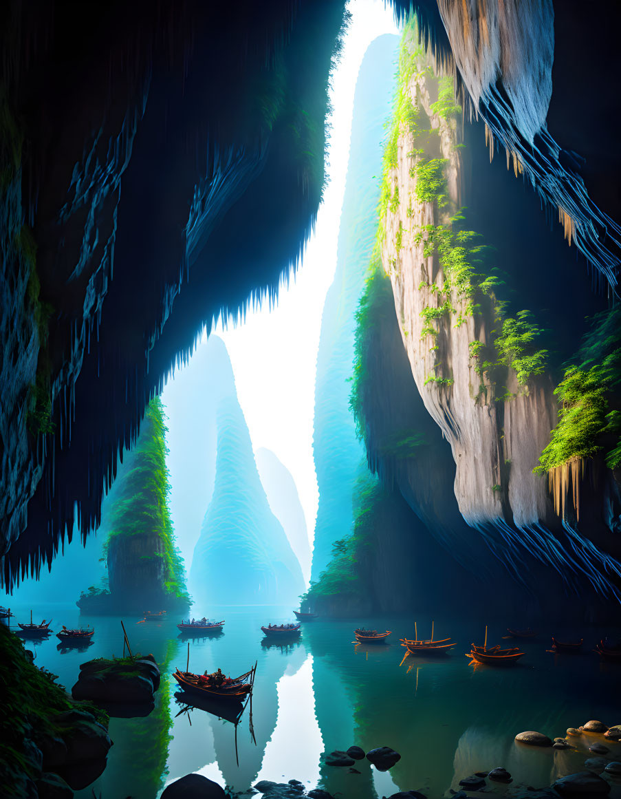 Ethereal Cave with Tranquil Lake and Karst Formations