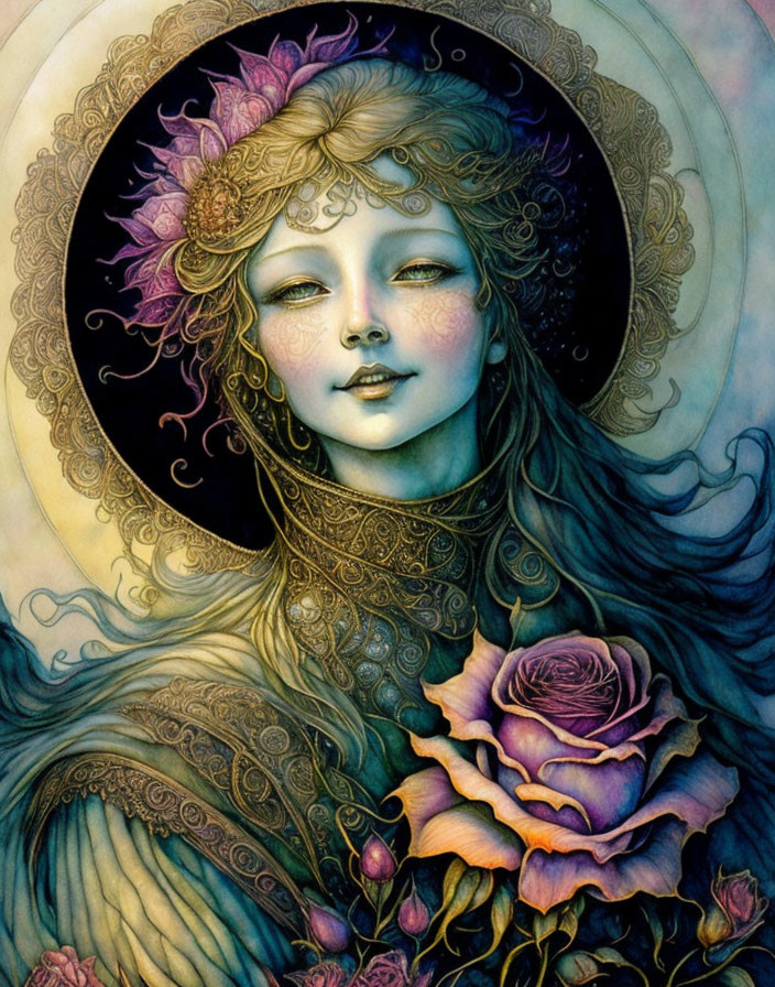 Dreamy woman illustration with floral adornments and rose centerpiece