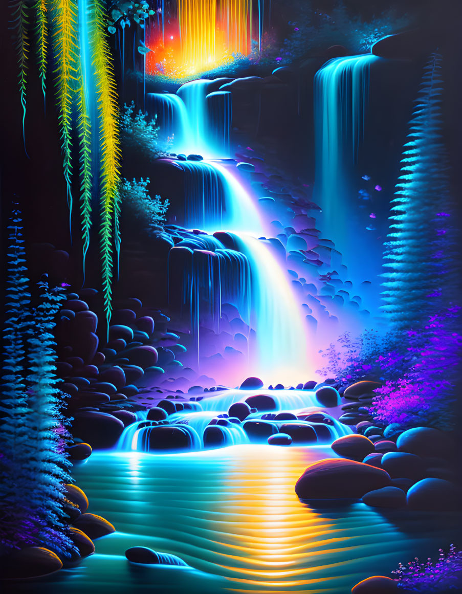 Neon-lit waterfall with glowing blue water in serene pool