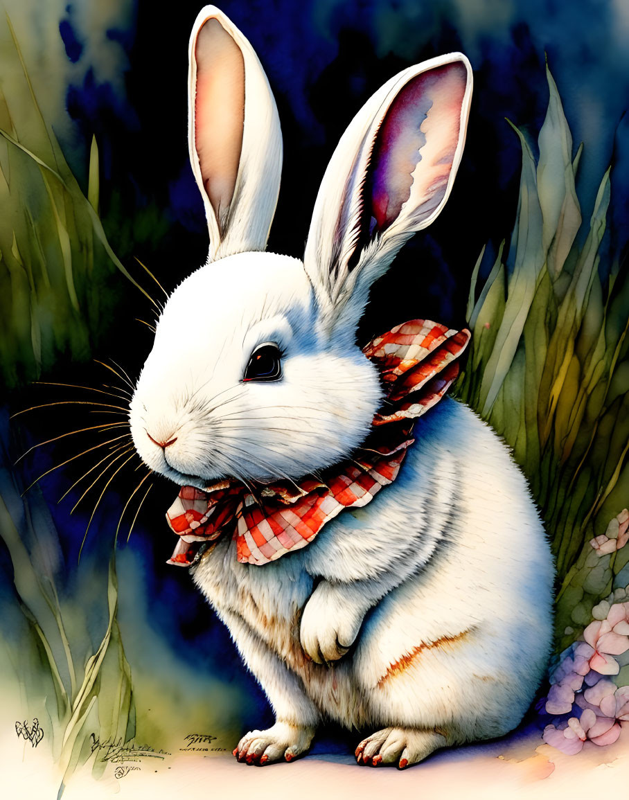 Colorful White Rabbit Illustration with Checkered Neckerchief Against Floral Background