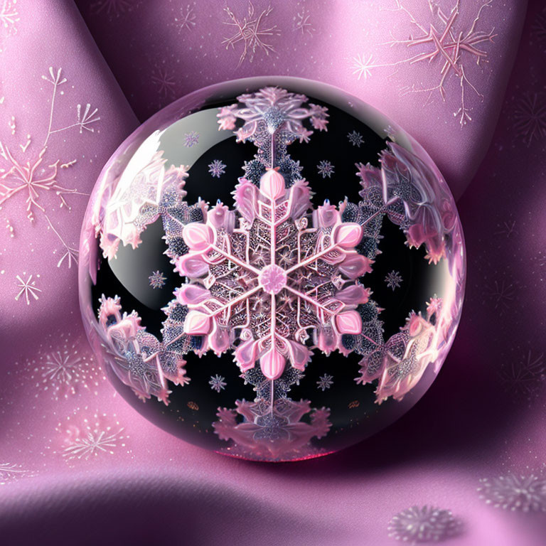 Reflective snowflake sphere on pink textured fabric background