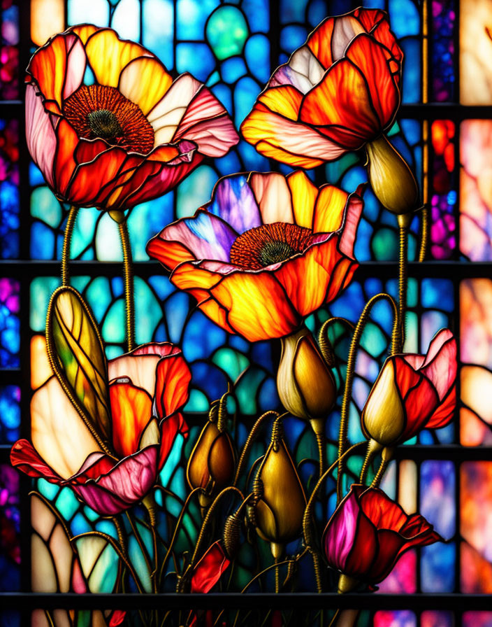 Colorful Flowers Stained Glass Window with Red, Orange, and Yellow Petals